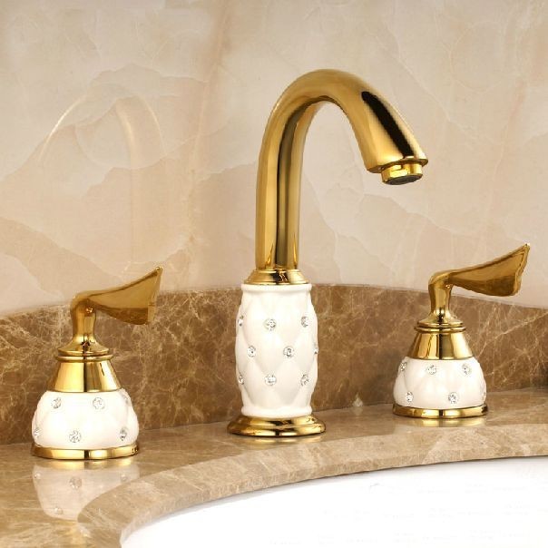 Stylish Seramikli Altın Kaplama 3lü Lavabo Armatürü